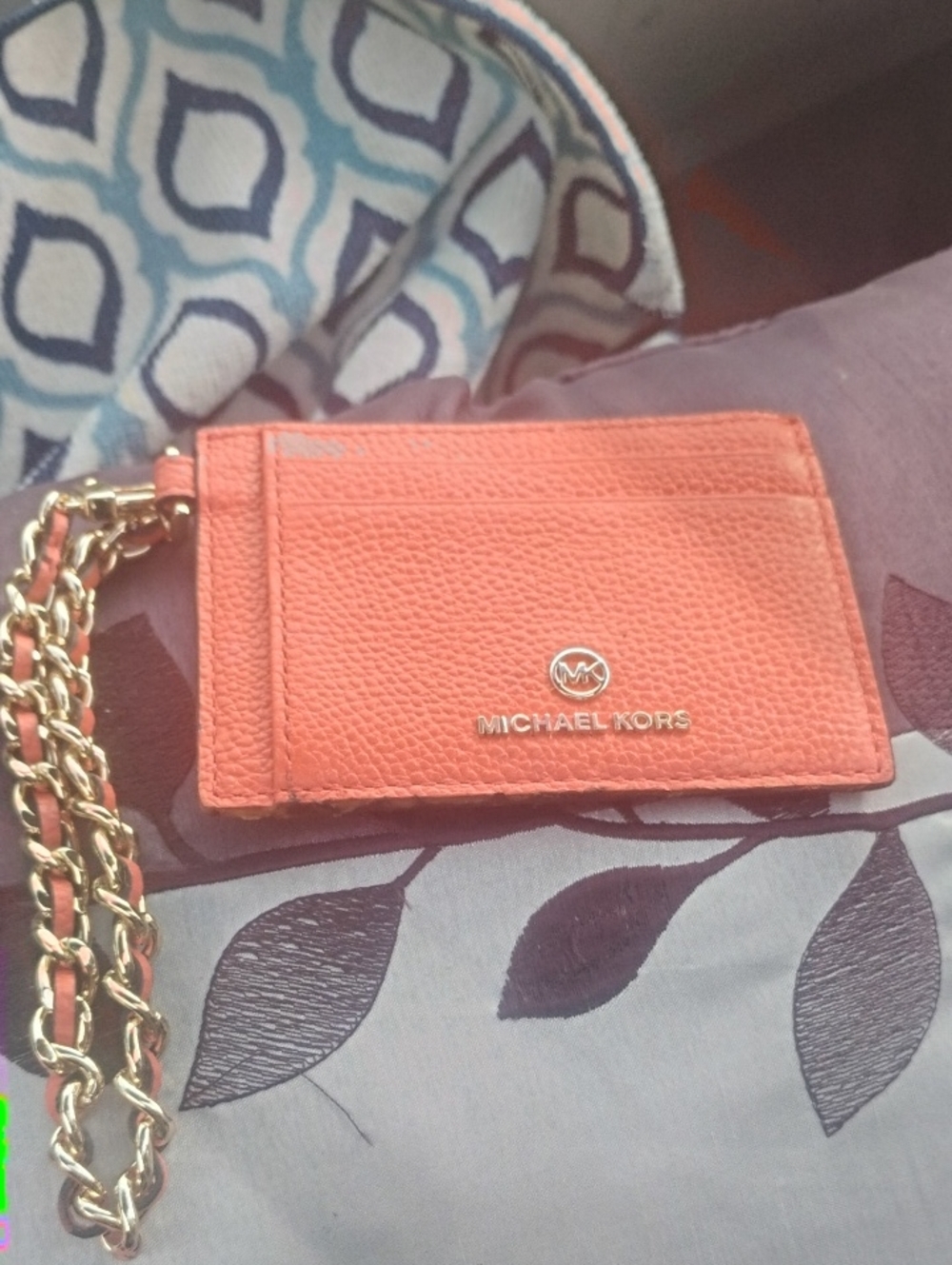 Michael Kors Coral Leather Card Sleeve with Gold Chain Accent